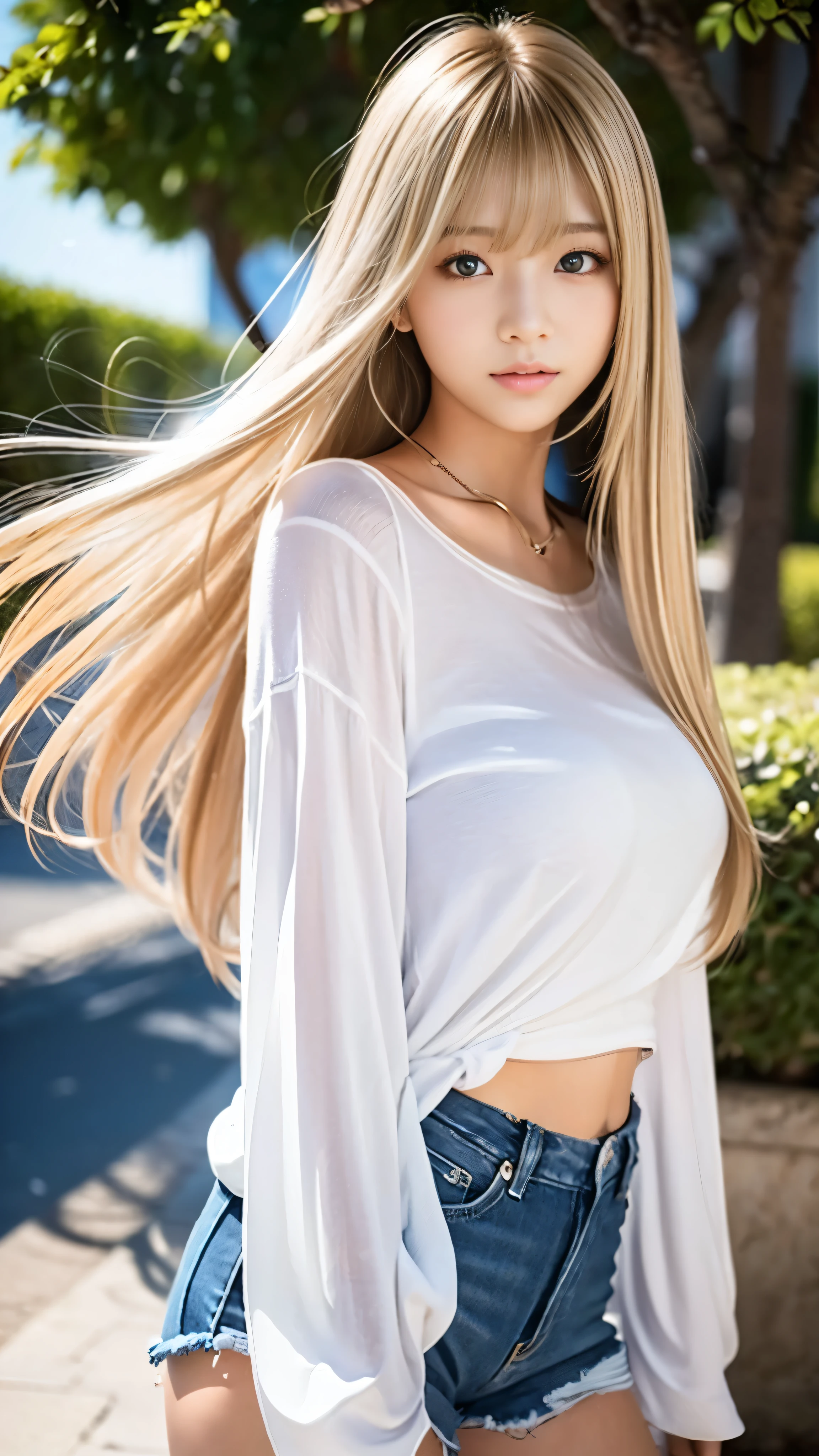 Sexy 、Sexy cute looks and cute 15 year old beautiful girl, beautiful and sexy face、A strong wind blew my hair in front of me、length, Metallic Blonde Straight Hair、beautiful, Cute and sexy eyes hidden behind long bangs。
