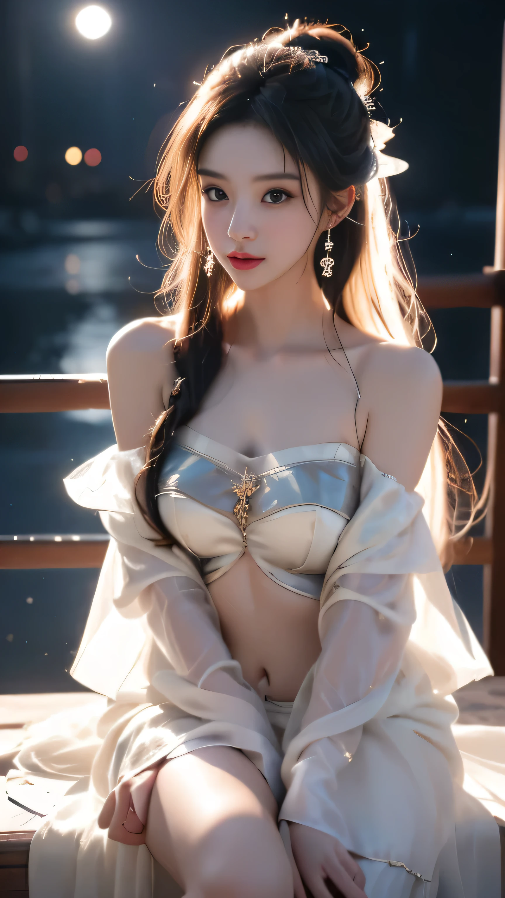  (masterpiece, best quality:1.2), 1 girl, Solitary, ((Off-shoulder clothes)), ((night)), lantern, candela, Deep into Wonderland，Moonlight falls like water，Foggy Room，The heroine's figure is vaguely visible，Like a fairy in a painting，Slender sexy legs，Very beautiful legs，Expose sexy，Large Breasts，美丽而又带着一丝mystery的色彩。Her face is beautiful and delicate，Like a finely carved jade，Showing extraordinary beauty。Eyebrow，The waves in my eyes are like twinkling stars，Show the light of perseverance and wisdom。The bridge of the nose is straight，Cherry lip color，The slightly upturned corners of the mouth reveal confidence and calmness。Her face is chiseled，Skin like jade，Reveal healthy glow，Just like fairies, She never eats fireworks in this world。Her makeup is light and delicate，No excessive embellishment，But it is enough to show her temperament and charm。Light foundation highlights the translucence of the skin，A light eyebrow pencil outlines her perfect eyebrow shape，Eye makeup is eye shadow and eyeliner，Make her eyes brighter、Energetic。嘴唇涂上grace的口红，Add a touch of charm and sophistication。她的衣服grace别致，Clothes fluttering，As if the wind will blow it up at any time，Drifting away。既不失grace，She also demonstrated her extraordinary skills。Swinging with her movements。Her hair was tied back casually.，Secure with a jade hairpin，A few strands of hair fluttering gently in the wind，Add a touch of softness。Her figure looms in the fairyland，宛如一道Large Breasts美丽的风景线，Attracted everyone'concern。She seems like a fairy in wonderland，Large Breasts美丽、grace、mystery、Full of power。