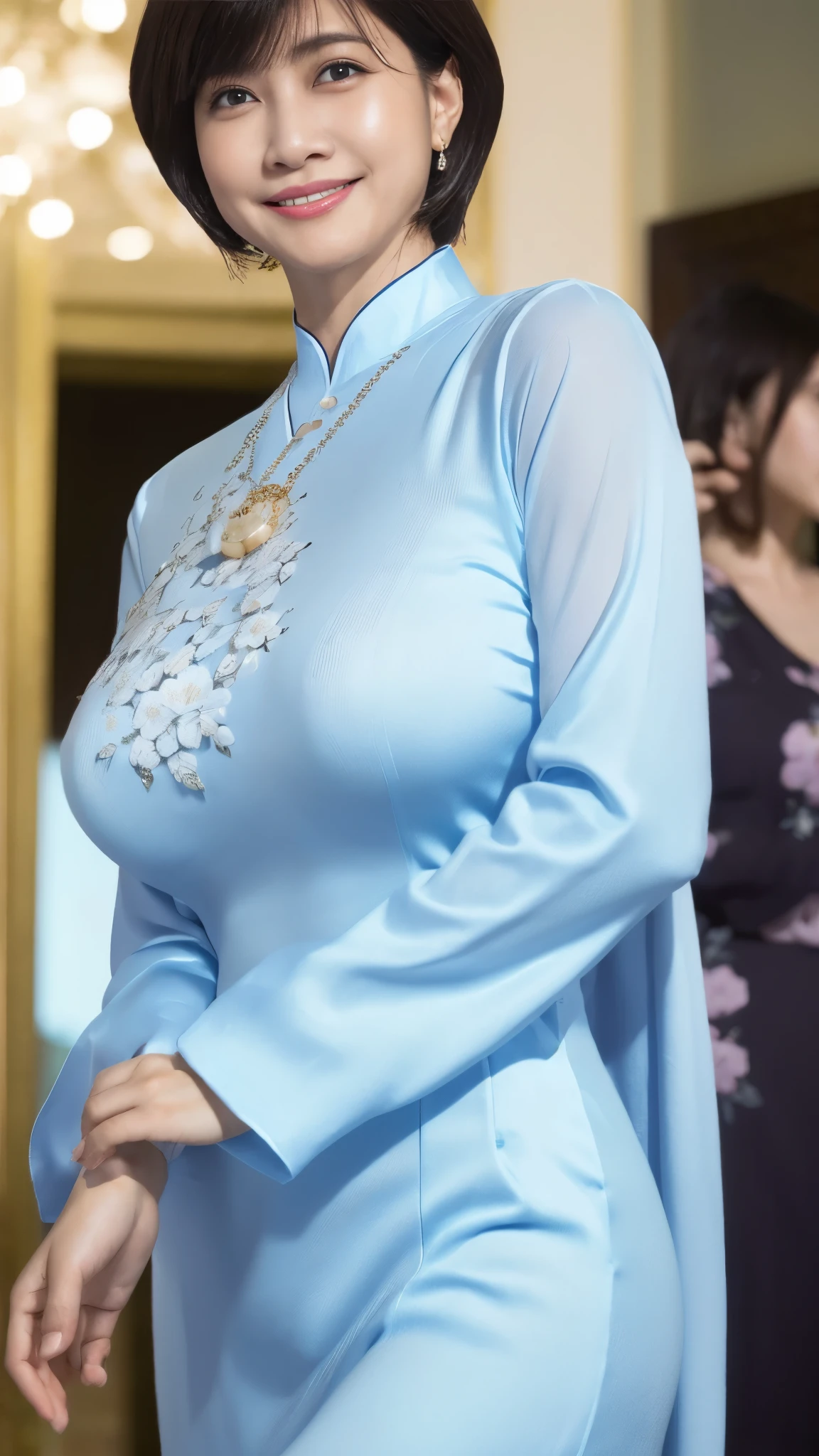 (8k,Ultra-high resolution,Highest quality,masterpiece,Realistic,Ultra-high resolution,High-quality RAW color photos,Professional photos,Realistic,Realistic),Natural skin texture,Fine skin,Hyperrealism,Intricate details,Adult women,Eye highlights.Lip gloss,Glossy Lips,(Cute smile,Short Hair,Dark blonde hair,bangs),((gigantic breast,Big Breasts)),necklace,(((A very tight floral light yellow Ao Dai,Quite a large slit,(wet body,wet clothes,See-through nipples)))),(Rainy Vietnam,Walking in Ho Chi Minh,heavy rain,Squall,Leaning forward),Bright lighting
