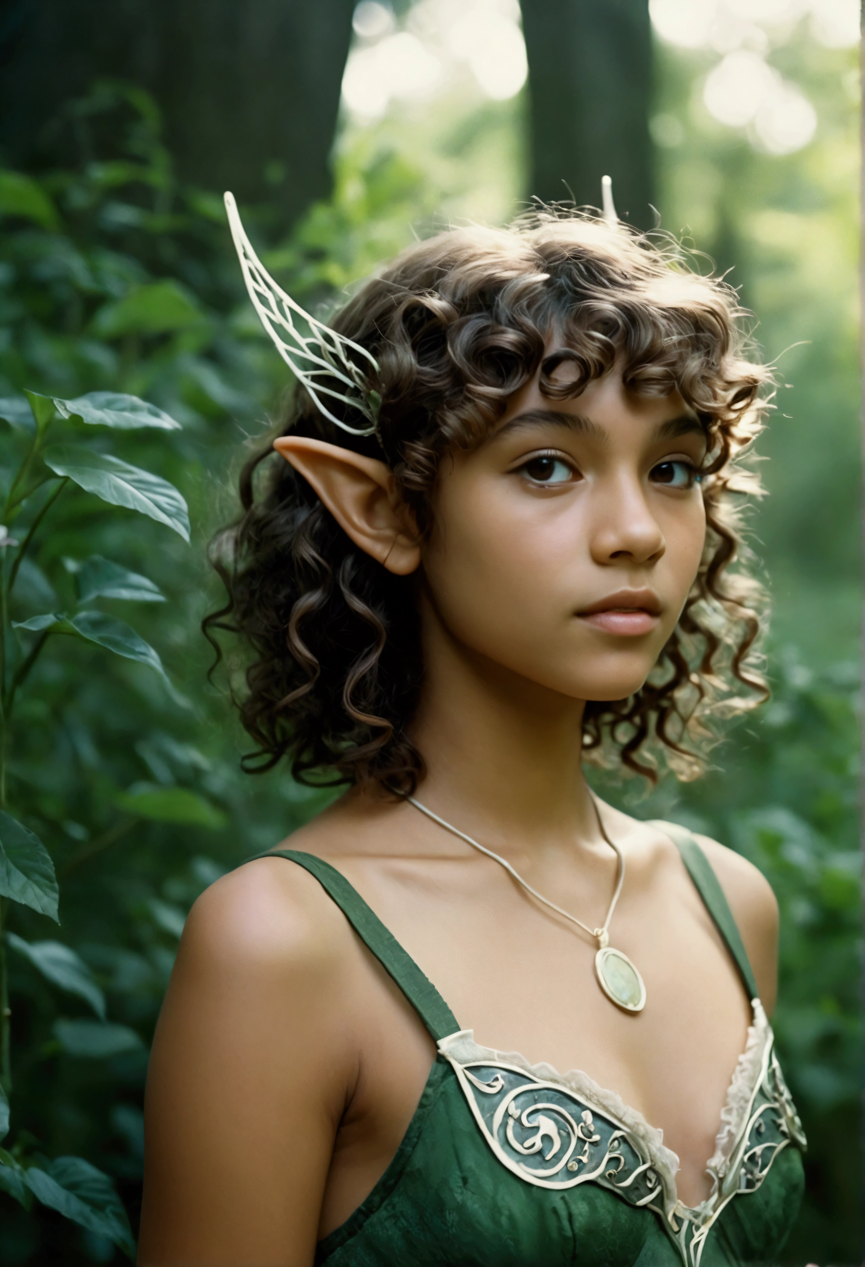 analog film photo, photo of a young elven girl, 18 years old, elf ears, curly bob cut, wearing elven lingerie, resembles Zendaya, strolling through a fantasy landscape, RAW Photograph, dslr, soft lighting, high quality, film grain, Fujifilm XT3, detailed skin with visible pores, insane details, masterpiece, 8k, 35mm photograph, dslr, kodachrome, faded film, desaturated, grainy, vintage, Lomography, stained, highly detailed, found footage, close-up shot, elven ears