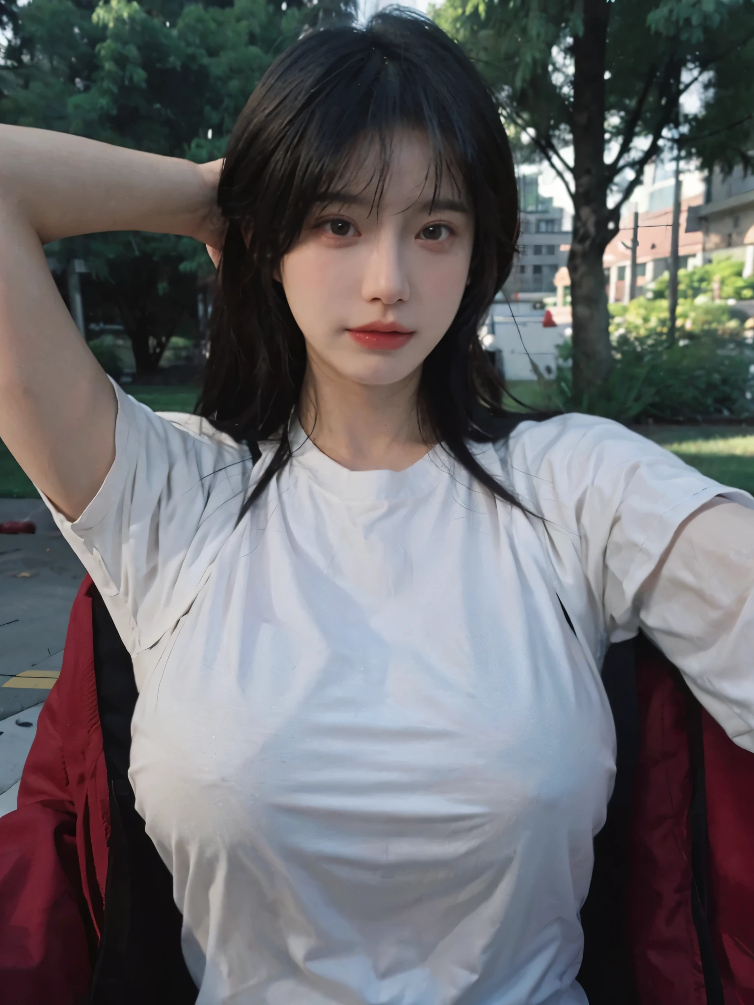 Best Quality, Masterpiece, Ultra High Resolution, (Realistic: 1.4), 1 Girl, Sexy, (Campus: 1.2), (Big Breast: 1.3), (Upper Body: 1.4)