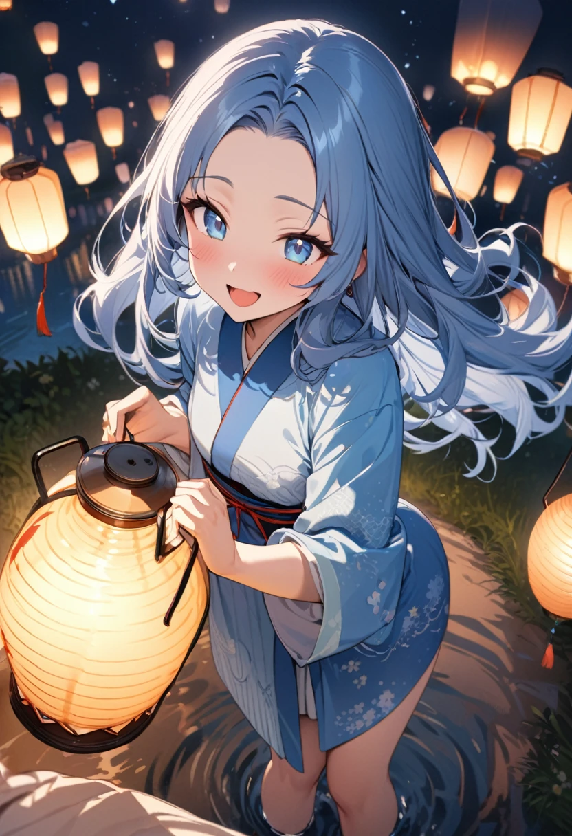 (lantern festival style) (preparing lantern festival), (pov, solo:2, 15 yo), (beautiful detailed forehead) (beautiful detailed blue hair long hair) (best cute girl) (immensely cute blue eyes) (very happy smile, open mouth), (in a immensely cute blue kimono with white Happiness), break, (in the Lantern floating venue for standing on bank), (background many lantern floating on stream), BREAK, perfect anatomy, masterpiece, best quality, 16k, beautiful detailed night festival, daydreaming expression.