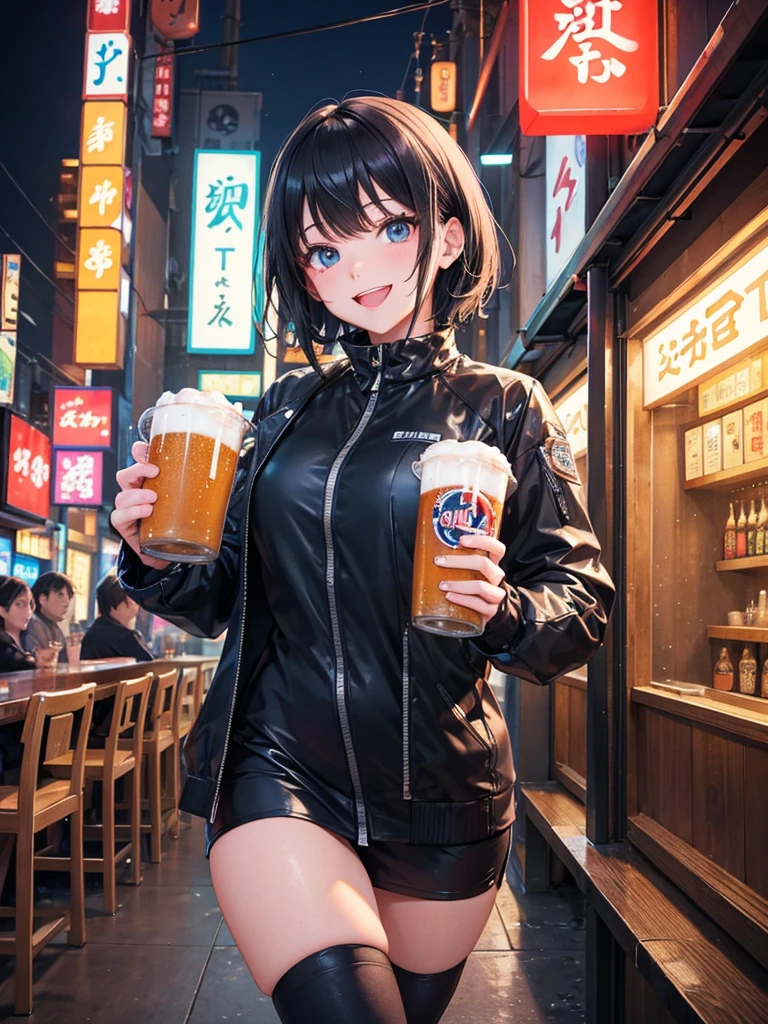 In a futuristic Tokyo setting, a lively Japanese girl is having a great time in a bustling izakaya, holding a large mug of beer in one hand and wearing a bright, cheerful smile. She’s dressed in trendy fashion with the latest hair color and hairstyle that reflects current trends. The surroundings are vibrant, with neon lights and sleek, modern décor that blends traditional and futuristic elements. She strikes a variety of poses, showing off her outfit and energy. The image should be highly detailed, with perfect and accurate anatomy, high resolution, and sharp clarity.