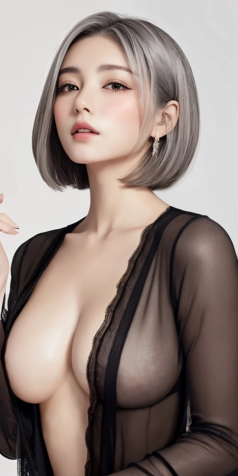 ((wallpaper 8k)), ((Surrealism)), ((Attention to detail，Pursuit of Quality:1.2)), 1 girl, １４talent、kind eyes、Full lips、Gray hair、Tired expression、(((Small Breasts、Small Breasts、Areola:1.1、nipple)))、Black elegant dress,Black shawl, look up, Widespread Poverty, short hair、short hair双马尾、Gray hair:1.5、White skin、
