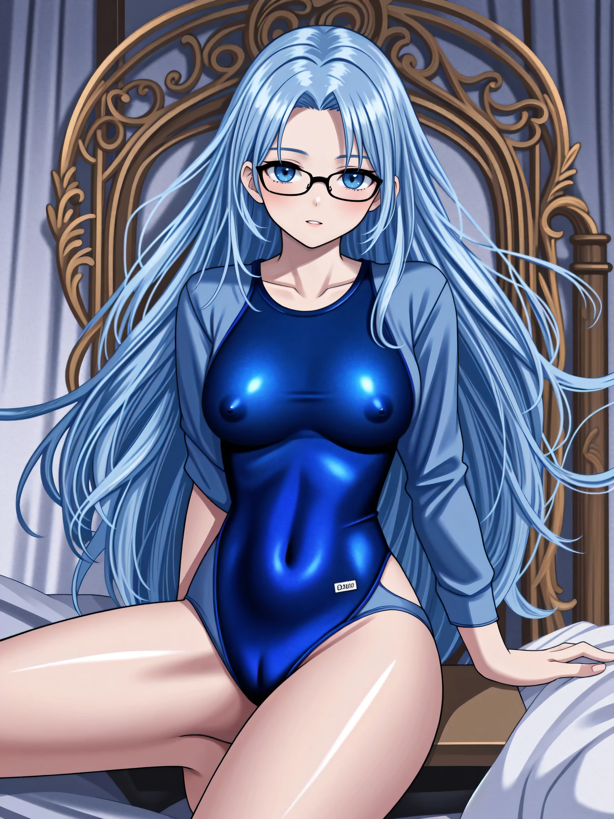 Create an anime-style illustration of a 1 named Shizuka. She has long, straight, blue hair with bangs cut straight across her forehead. She has large, almond-shaped silver-blue eyes and porcelain-like white skin. Shizuka often wears glasses.Super big breasts、(Highest quality:1.4), (super high quality), (Very detailedな), 1 beautiful girl, So cute,(thin and delicate legs), Real skin texture, (Drop your bangs to the side), Bright and shiny lips,, Beautiful background, Golden Ratio, Conceptual Art, Very detailed, Accurate, Advanced Details,, Sexy Art, On the bed、Ultra-detailed illustration details, 8K wallpapers incorporating highly detailed CG, , (Nipple protrusions push up the uniform),Shiny one piece swimsuit、Spread your legs