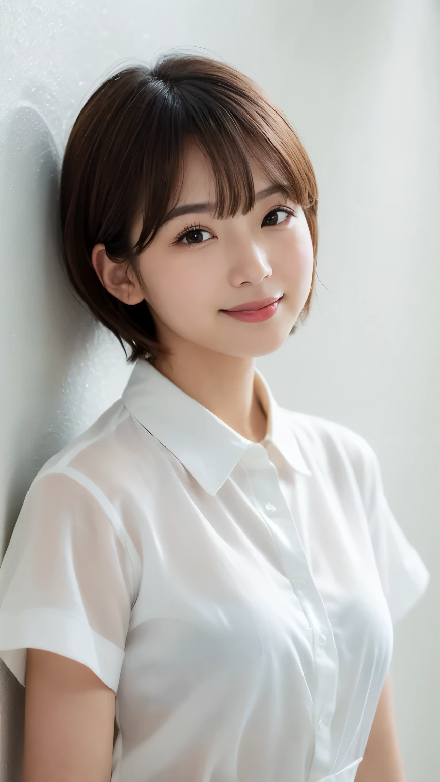 ((Highest quality)), ((masterpiece)), (detailed), Photorealistic、One person, Cute Japanese female idols in their 20s、Fairy short cut hair、Very light brown hair、The bangs are see-through、((Photos for hair catalogue))、Beautiful face、(In front of a white wall in the background)、Natural light、Soft texture、Photographed by a professional photographer、Smiling Face、Casual summer clothes、Upper Body、非常にdetailedな顔, Very fine grain, Extremely realistic skin, 非常にdetailedな指, 非常にdetailedな鼻, 非常にdetailedな口,32K,35mm lens、f/1、(A stylish white shirt that doesn't reveal much) (Various poses)、Ultra-realistic faces、Half Japanese,