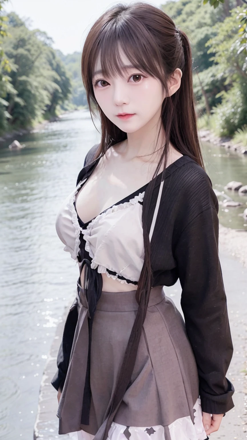 A super cute, sexy, tsundere girl、A cute pleated skirt with a super thin waist, waist size 21 inches、Big Breasts、Cute oversized shirt、midnight、Forest road along the river、The highest standard of ultra-high definition full-body photos、(Small face)、No makeup、Sexy lips、Chignon hairstyle、