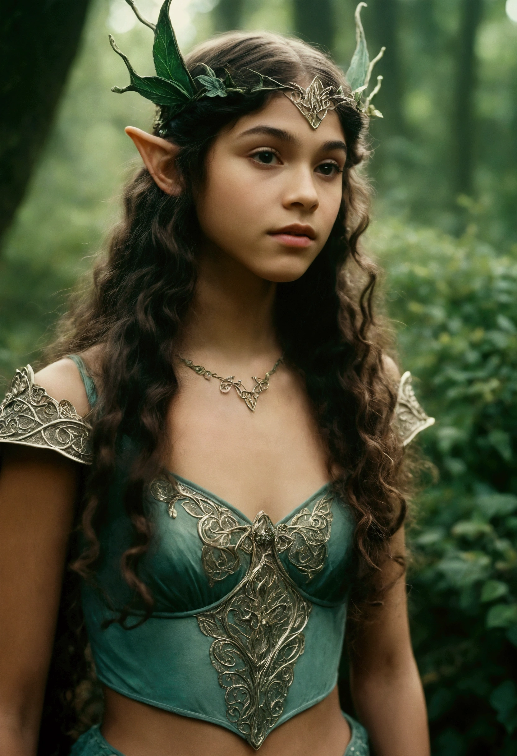 analog film photo, photo of a young elven girl, 18 years old, elf ears, long brunette curls, wearing elven lingerie, resembles Zendaya, strolling through a fantasy landscape, RAW Photograph, dslr, soft lighting, high quality, film grain, Fujifilm XT3, detailed skin with visible pores, insane details, masterpiece, 8k, 35mm photograph, dslr, kodachrome, faded film, desaturated, grainy, vintage, Lomography, stained, highly detailed, found footage, close-up shot, elven ears
