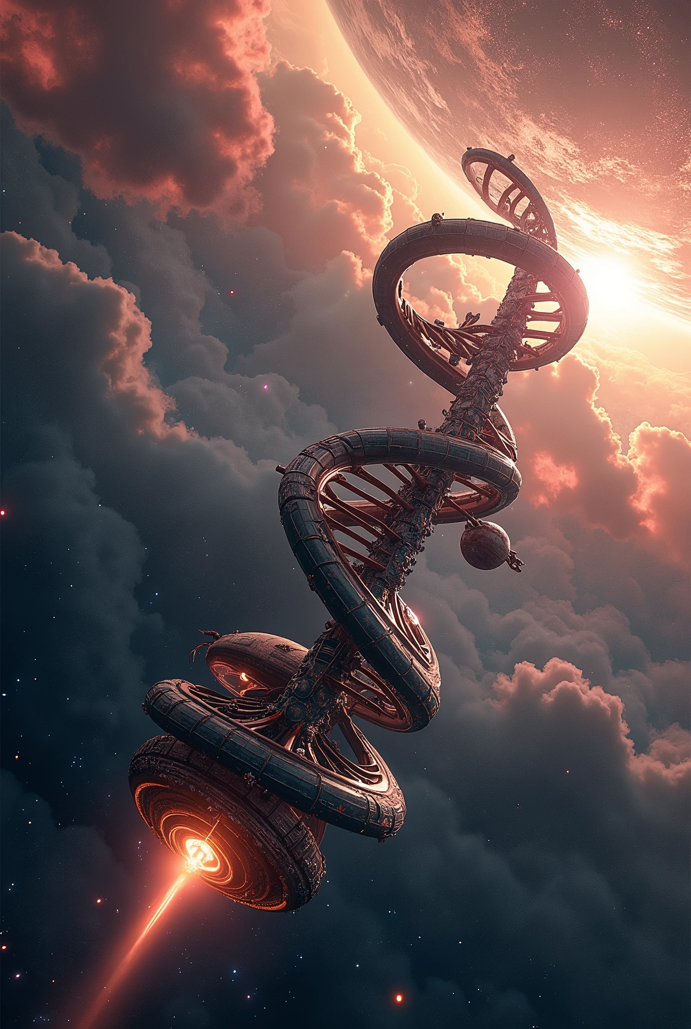 A spiral-shaped spacecraft, like a DNA chain, is flying through interstellar space through a nebula.. The mechanisms have been detailed, stars and planets are detailed. The ship is several tens of kilometers long. Against the backdrop, a giant, unknown organism-mechanism is watching him