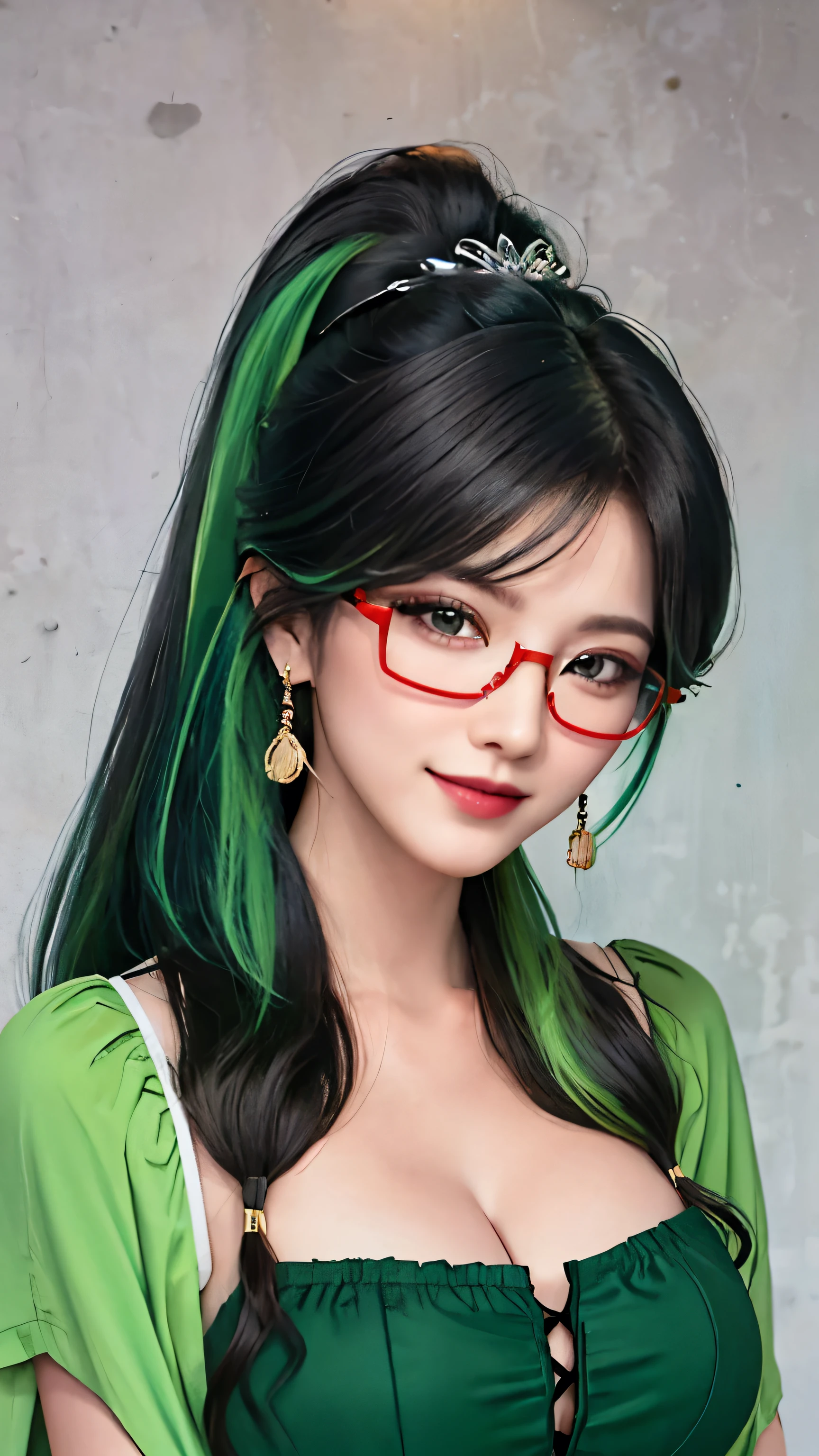 Long ponytail hairstyle，black hair and green hair, Good-looking hair accessories, , Colored contact lenses(Shelley Greg）,  Eye color is Light green,Wearing red glasses, Medium breasts, Smiley Face, Jewelry（earrings）, Modern, Chiaroscuro, Light, Nikon, 85 mm, high quality, 8K, best quality, Extremely detailed