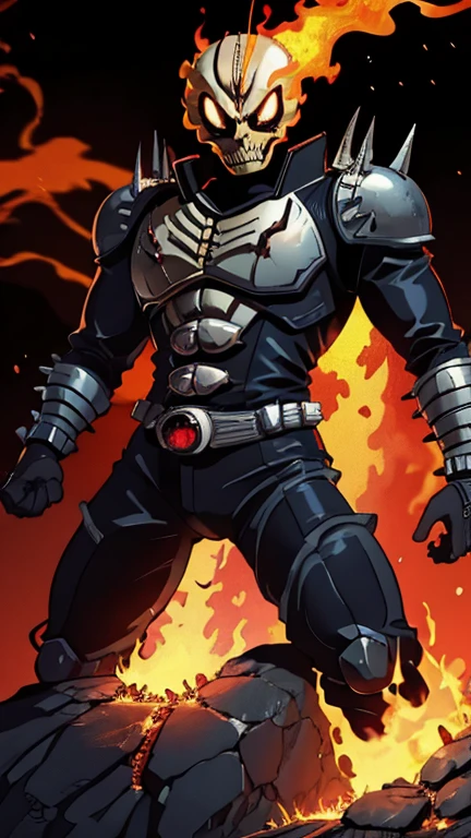 (1male: ghostrider), (extremely detailed CG unit 8k wallpaper),(master part), (best quality), (ultra detail), (best illustration),(ghibli style), cowboy shot, (Sharp eyeliner, ombre, detail eyes:1), Dracula Castle background, ,break , (Kamen rider), upper body, flaming skull head, kull helmet, studded leather jacket, chains, embers, hellfire, glowing flames,