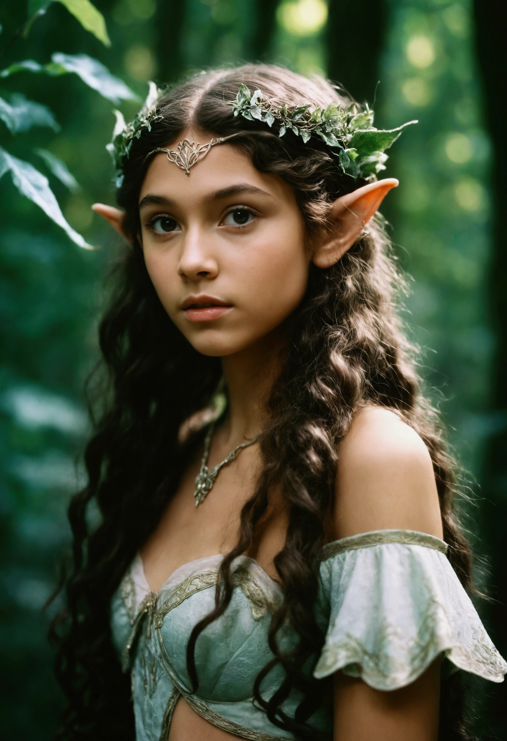 analog film photo, photo of a young elven girl, 18 years old, elf ears, amber eyes, curly brunette bob cut, tan complexion, Amazonian stature, voluptuous hourglass figure, busty bosom, narrow waist, full hips, big plump buttocks, wearing a strapless sun dress, strolling through a fantasy landscape, RAW Photograph, dslr, soft lighting, high quality, film grain, Fujifilm XT3, detailed skin with visible pores, insane details, masterpiece, 8k, 35mm photograph, dslr, kodachrome, faded film, desaturated, grainy, vintage, Lomography, stained, highly detailed, found footage, close-up shot, elven ears