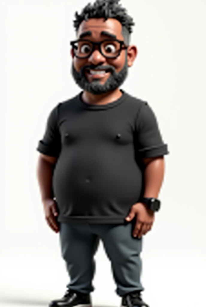 Create a full-body stylized 3D cartoon character of a middle-aged black man'. The character should have exaggerated proportions, with the head occupying 70% the height of the image and the body that makes up the remaining 30% of the total height of the image, typical of a fun and playful cartoon style. Render the character in a style 'Pixar-like' ou '3D Cartoon', using the engines 'Arnold Maya' ou 'Keyshot Toon' to ensure high quality animation. Ensure your render includes detailed textures, a smooth, polished finish, and vibrant colors.
Create a full-body stylized 3D cartoon character of a middle-aged black man'. The character should have exaggerated proportions, with the head occupying 70% the height of the image and the body that makes up the remaining 30% of the total height of the image, typical of a fun and playful cartoon style. Render the character in a style 'Pixar-like' ou '3D Cartoon', using the engines 'Arnold Maya' ou 'Keyshot Toon' to ensure high quality animation. Ensure your render includes detailed textures, a smooth, polished finish, and vibrant colors.
The character must have a slightly overweight build, very short straight hair, with 50% black and 50% gray color ratio. Your beard should be trimmed and thin, with white hair on the chin and dark gray elsewhere. Skin tone should be dark brown with a warm undertone. He should have a friendly expression without smiling., and wear modern black reading glasses. Dress it up with an oversized black t-shirt and dark gray pants without a belt., along with black shoes. Add a black smartwatch to your wrist. Position the character with a confident posture, with your hands at your side. Use a transparent background to isolate the character, and ensure that the rendering is at the highest resolution possible.
