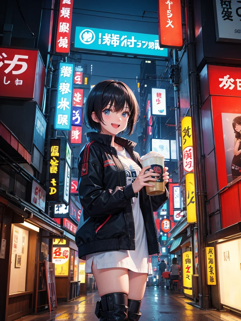 High resolution,Perfect Anatomy,Accurate anatomy,1 person ,Trending Hair,Trending Hair color,トレンドTシャツ
In a futuristic city of Tokyo, inside a cozy and modern izakaya, a joyful girl is holding a frosty mug of draft beer with both hands. She is laughing brightly, her face glowing with happiness. Neon lights from the cityscape and vibrant signs of the izakaya reflect off the glass windows. The girl has short black hair, styled neatly, and is wearing a casual outfit with a slight futuristic twist – like a sleek jacket and glowing accessories. The atmosphere around her is warm, lively, and full of cheer.
