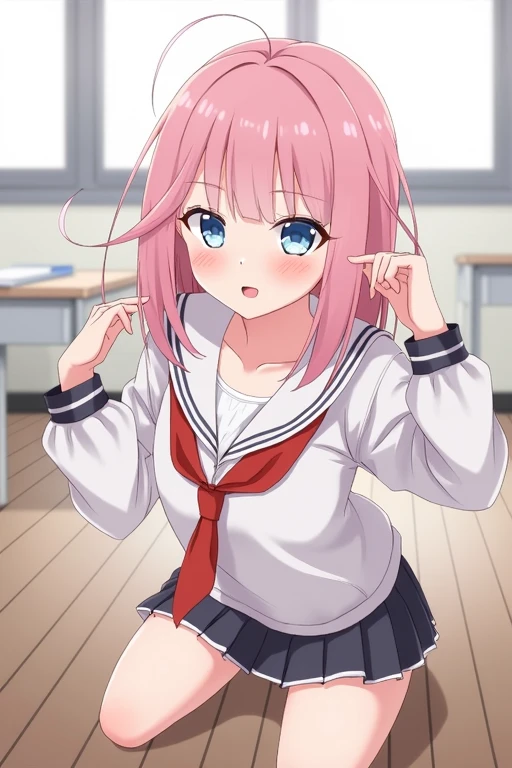 nsfw, (POV oral sex with cum:1.3), (deep throat:1.3), (intense perfect fellatio:1.2), :>=, (1boy, full by:1.2), a pure innocent girl, very cute face, like a idol, blush, (school uniform:1.1), look up at viewer with lovingly gaze, arms behind the back, in front of 1penis with between viewer's legs, (mouth on the viewer's crotch completely:1.3), (perfect keeling under the desk completely, body is perfect into the desk, face come out from under the desk:1.3), (face focus:1.2), (viewer is sitting, bare viewer:1.2), (under the desk with depth:1.3), in own room, viewer's legs in the picture, from above,