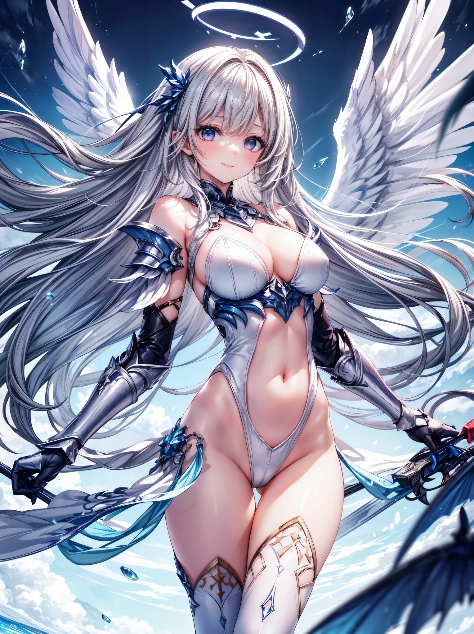 fantasy, 1angel_girl,(young_:1.5), ,brown_hair, medium_bob_hair, long_bangs, halo,bare_shoulder,thighhighs,silver_armor, waist_armor, large_breasts,1pair_wings, dynamic_pose_fighting,floating, bare_crotch, headgear,gauntlet, greaves,city_landscape_background,slightly_spread_legs, solo, groin_naked,smile