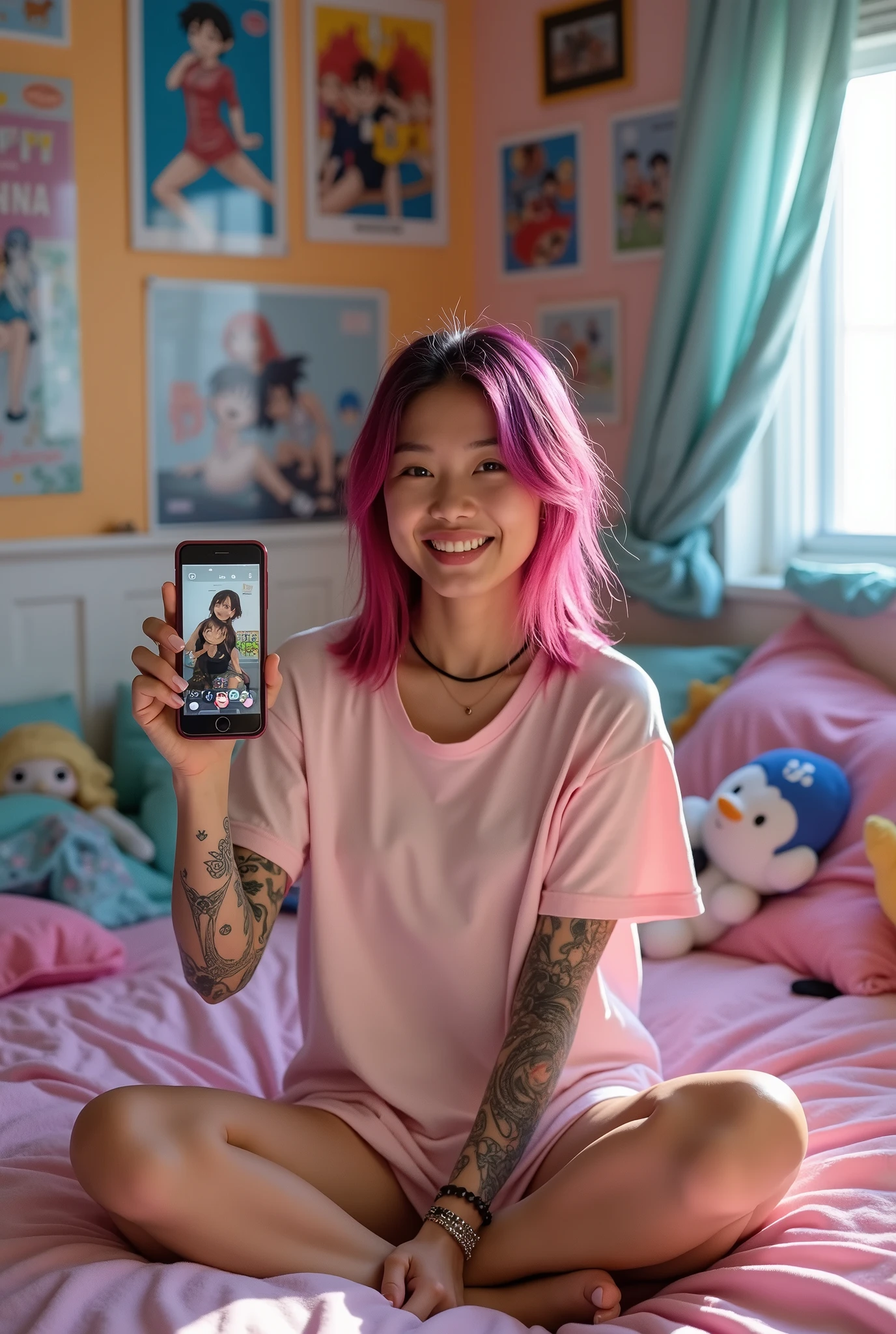 Taiwainese woman iwith dyed hair, tatoo and piercing n a large light pink t-shirt, bare legs, and feet is showing a post on instagram on her phone to the camera, she looks very happy, in her bedroom full of anime reference,