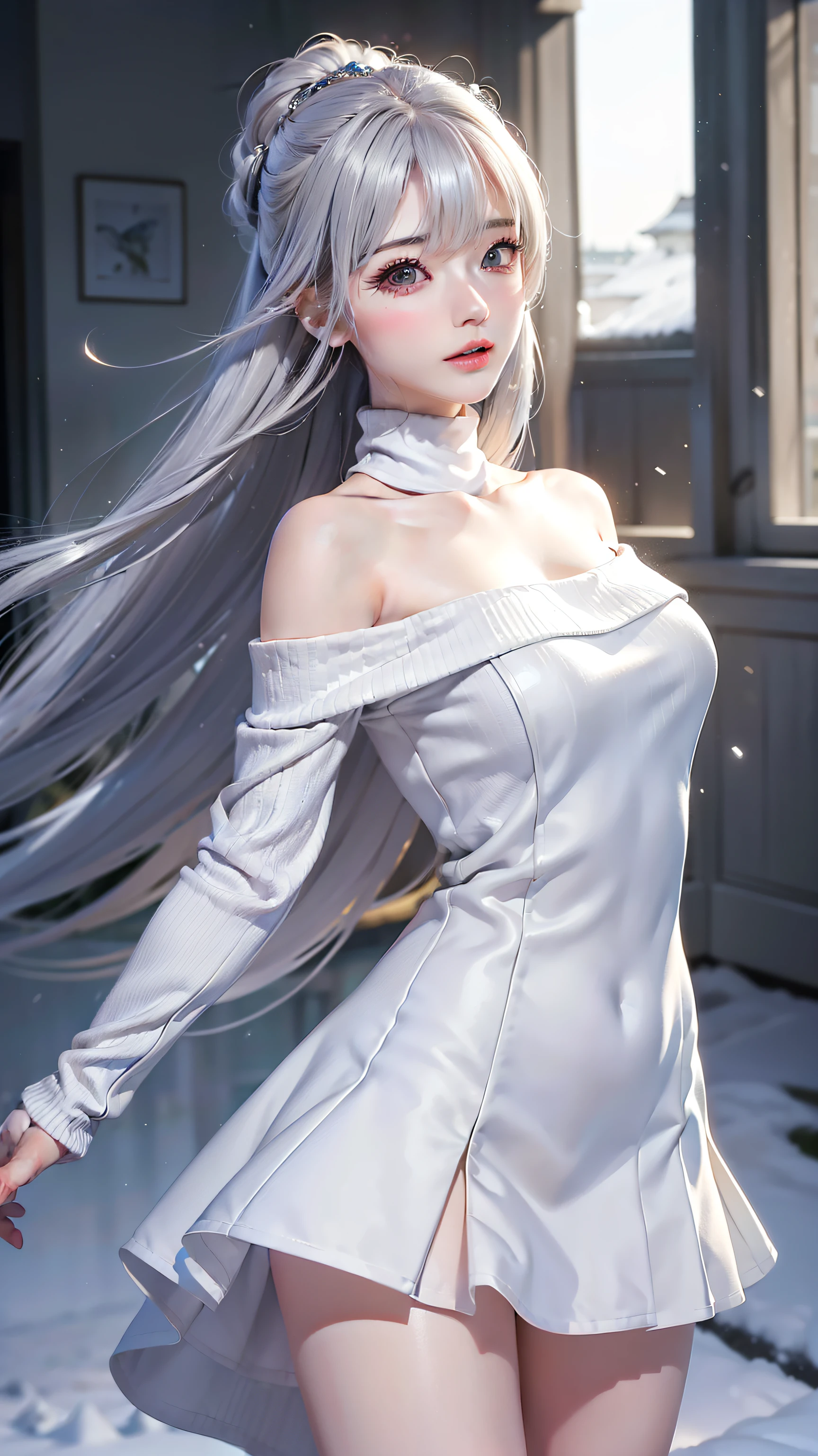 ((masterpiece、8K、On the table、RAW photos、wonderful、最high quality、フォトリアリスティックでVery detailedな CG 統合 8K 壁紙、high quality、Very detailed、Narrative Poems、Particle Effects、dynamic effect、Written border depth、Movie Lighting、lens flare、Ray Tracing、On the table、Practical:1.4、Ultra-high resolution:1.2、Practical、Practical))((Solitary、A woman wearing an off-the-shoulder knitted sweater and a long coat、Elegant dancing woman:1.4、Delicate face、Bright expression、Younger, more luminous, Whiter skin、best look、Ultimate beauty、Silver hair,Shine、Sparkling hair,、Extra long, Silky straight hair、髪がwindで踊る))(morning、wind、wonderful美しい自然のwind景、幻想的なwind景、Powdery snow、White dust、snow piles up)