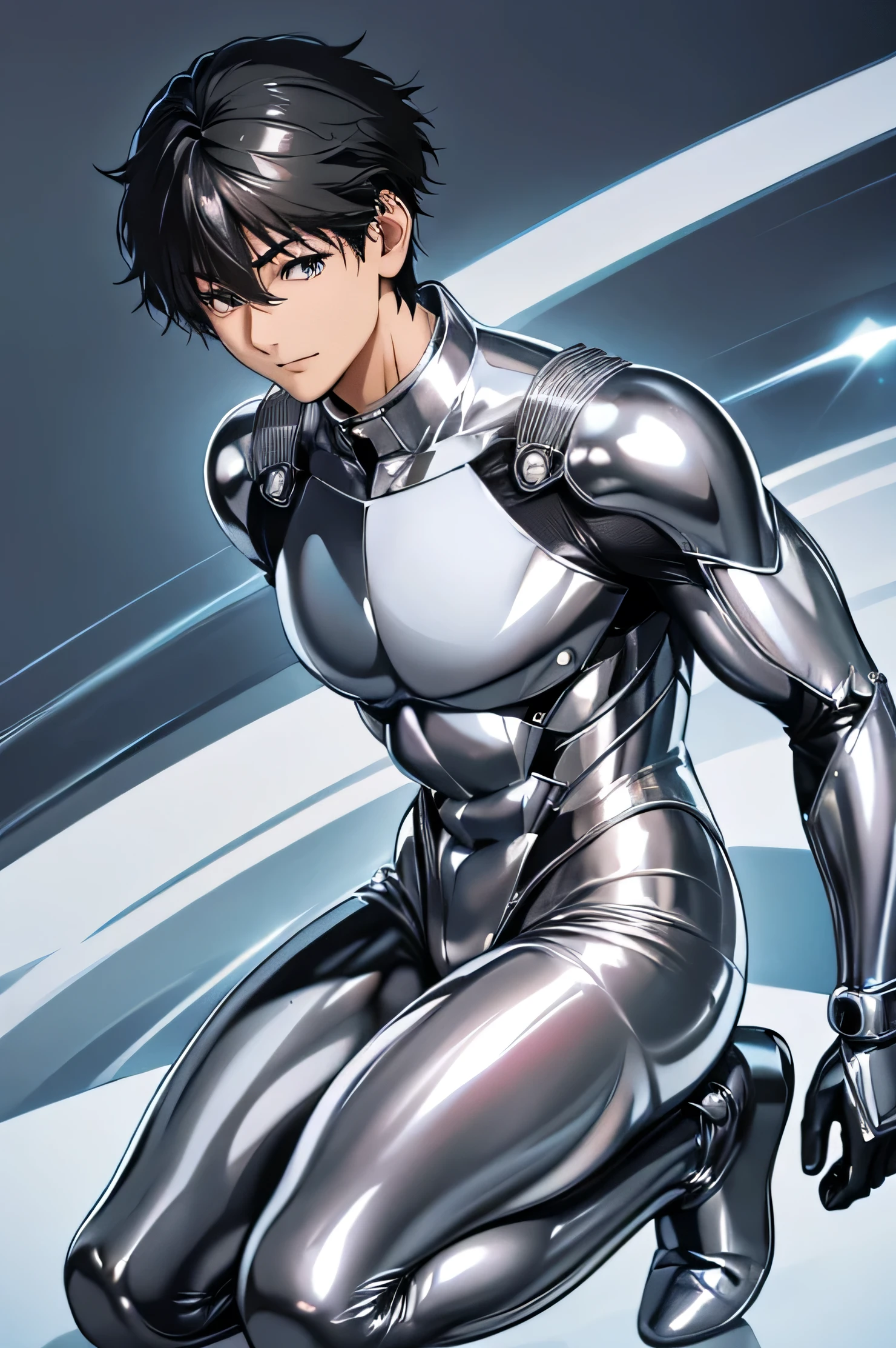 Japanese　　Handsome model　Fierce　　2　male　　smile　　　Black Hair　　Short cut　Short hair　　　looking at the camera　　　　　Shiny full-body silver suit　　　Shiny silver latex suit　　looking at the camera　future world　　Face close-up　　　　　Handsome model　Face close-up 　 　　planets on the background　　　Upper body close-up