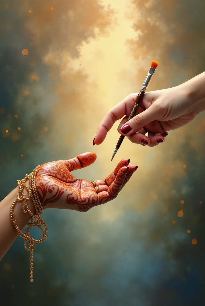 Recreate the detail of the Creation of Adam work, with two female hands, female forearms, A hand is holding a brush.