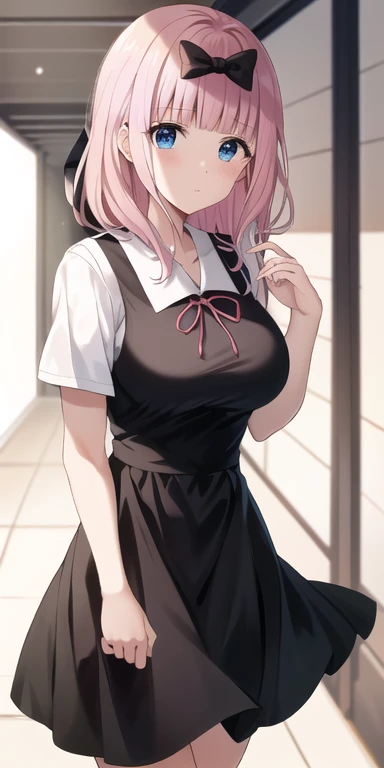 2is, masterpiece, Highest quality, anime, highly isetaileis, Cowboy Shot, One person, alone, fujiwara chika, blue eyes, Pink Hair, Hair Ribbon, Black Bow, school uniform, Summer uniform, Large Breasts, stanising, inisoors, corridor, :is