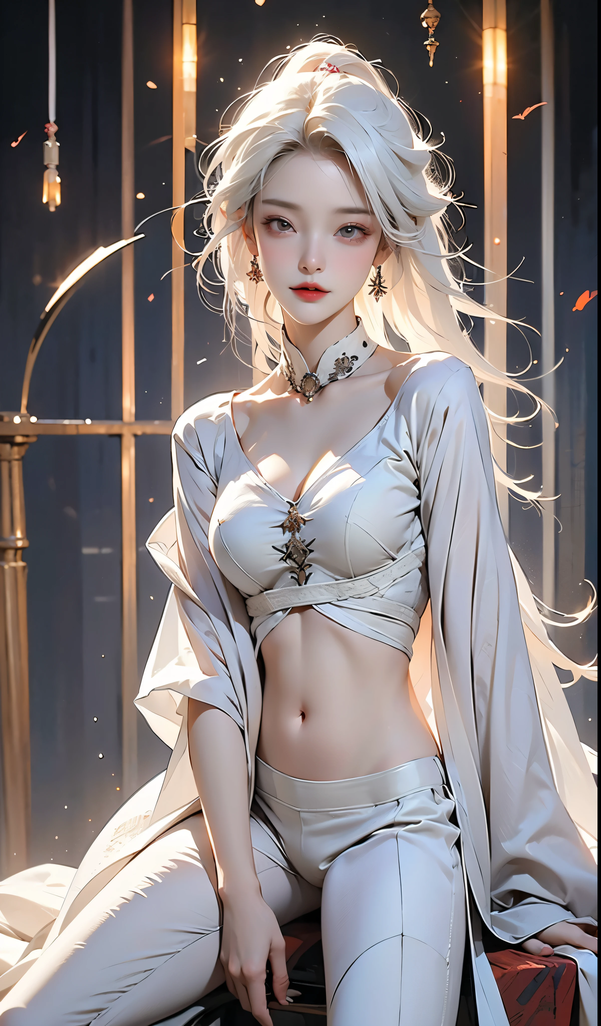 masterpiece, Best quality, Nearly perfect, (Perfect face:1.1), (High Detail:1.1), drama, (1 person), Fair skin, (long pure white hair:1.4), White eyes, Otto Seppalainen, Solitary, White hair, White luxury suit, Cover your belly button, Snob, Albinism, Luminous Studio graphics engine, Pouting, Demon Magician, Volumetric Lighting, Delicate eyes, (8k wallpaper masterpiece), Extremely detailed, Intricate details, Absolute pixel perfection, Rosette, Fashion, side, Looking at the audience, Balenciaga style