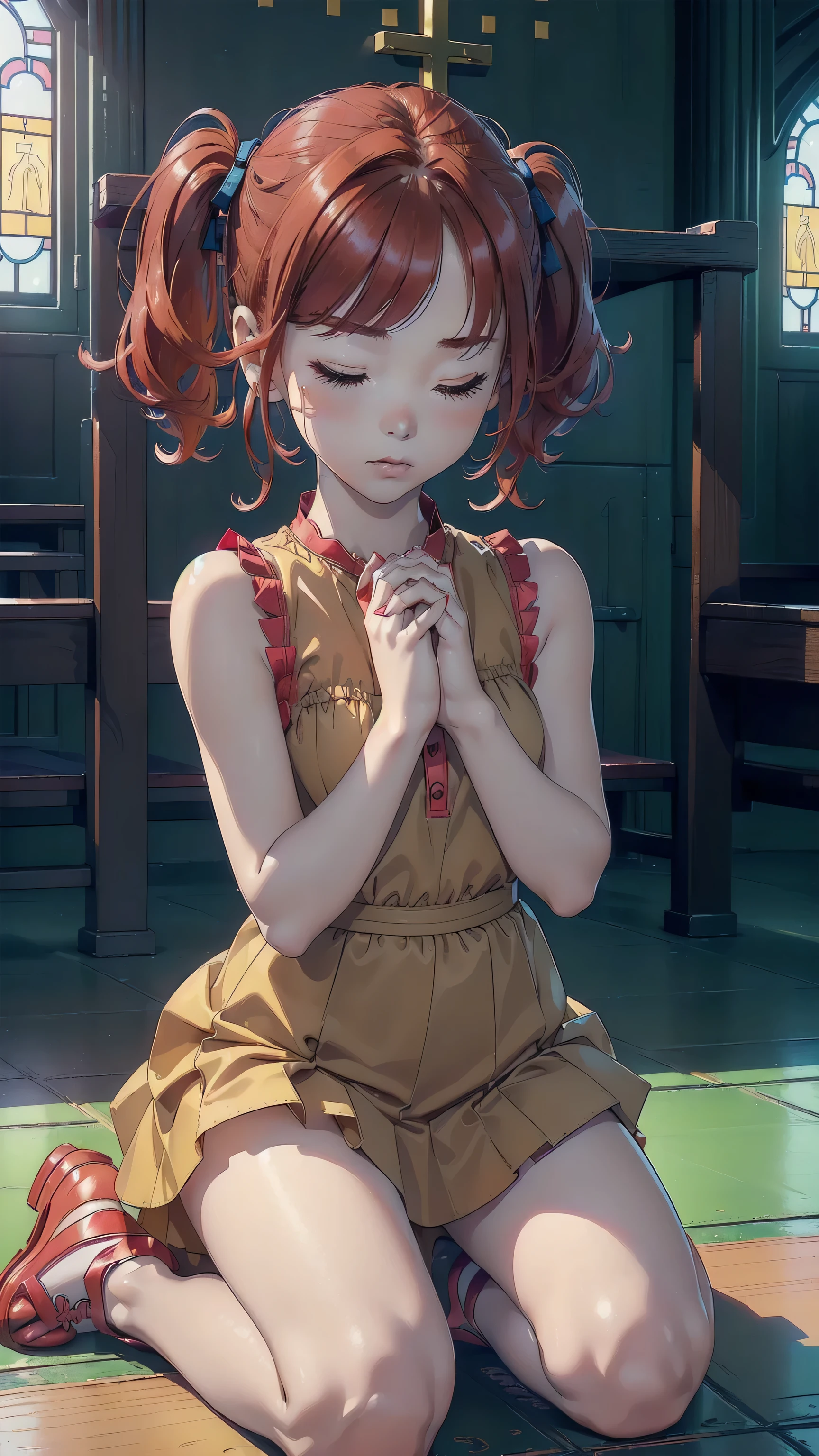 ((top quality, ultra-detailed, high resolution, extremely detailed CG, unity 8k wallpaper, by famous artist, perfect anatomy, super detailed skin, cinematic lighting, UHD, retina, anatomically correct, 1080P)), (Please draw a single one girl praying to God in a Christian church:1.3), ((1girl)), (Solo, face,13-year-old:2.0), a junior high school student, ((cute petit girl, chibi, babyface)) androgynous charm, (Medium hair, ((full red hair)) ((redhead)), pigtails, straight bangs, with a bow in her hair, ((very thin legs)), ((skinny legs, thin body, small build)), Full limbs, complete fingers, ((perfect fingers and hands)), flat chest, small breasts, childish body, small butt, groin, Beautiful detailed full yellow gold eyes, perfect eyes, ((cute kawaii blue and pink dress)) (Detailed Lighting), ((christian church background)), (Detailed scenary background), (praying to God)), full body view, Cute, kawaii single girl (one girl), full body shot, ((little young 13 years old body:1.3)), ((kneeling and hands holding a bible:1.3)), ((long skirt)), ((shoes)), ((five fingers for each hand:1.3)), ((red hair girl:1.3)), ((straight bangs:1.3)), ((inocent tender girl:1.3)), ((hands holding a bible:1.3))