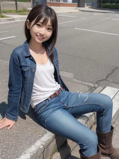 Japanese female, (underweight), (flat chest best quality:1.5), 30 years old, (cheerful grin:1.3),
(jacket), (jeans), (boots) ,Touring on an American Couser Motorcycle