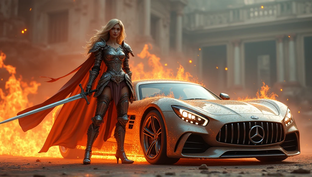a portrait of a beautiful female knight ready for battle, she is standing near her loyal car, a mature female paladin knight, holy warrior, ((full body: 1.5)), ((anatomically correct: 1.5)), (ultra detailed face: 1.2), looking tense, looking dangerous, dynamic eye color, dynamic hair color, dynamic hair style dynamic skin complexion, holding a radiant sword, holy sword, divine sword, wearing intricate armor, wearing high heeled boots, BREAK standing near her car, divine car, magical car, ready to battle car, car wreathed in flames, holy intricate runes, slick car, vibrant, Ultra-high resolution, High Contrast, (masterpiece:1.5), highest quality, Best aesthetics), best details, best quality, highres, 16k, (ultra detailed: 1.5), masterpiece, best quality, (extremely detailed) RAW, (ultra details, Masterpiece, best quality), Intense gaze , FairyTaleAI, faize