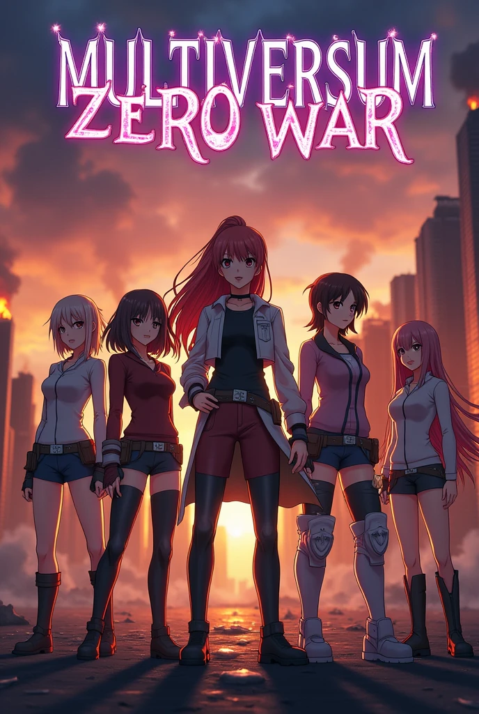 a group of girls from different anime are standing in a fighting position against the background of a burning city above them I find the inscription Multiversum: Zero War
