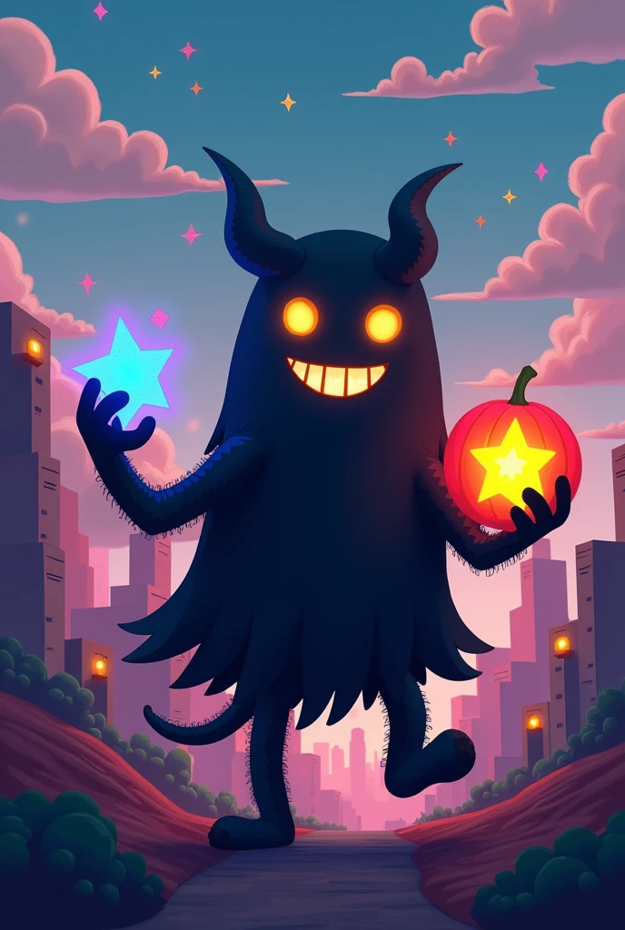 cree moi une ombre qui fait peur style Roblox qui est contente avec un fruit en forme d’étoile entre les mains
