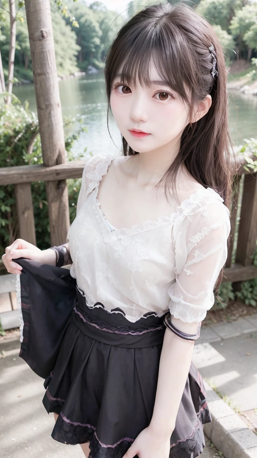 A super cute, sexy, tsundere girl、A cute pleated skirt with a super thin waist, waist size 21 inches、Big Breasts、Cute oversized shirt、midnight、Forest road along the river、The highest standard of ultra-high definition full-body photos、(Small face)、No makeup、Sexy lips、Chignon hairstyle、