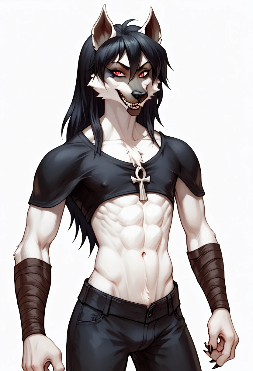 Death, the avatar of death,tomboy,woman,skinny,long hair, black hair,androgynous,male focus,flat chest,white fur skin,furry, red eyes,a sensual physique, reaper,inspired by the style of 90’s comics, masterfully rendered with exceptional detail and thrilling, vivid colors, and somber lighting.