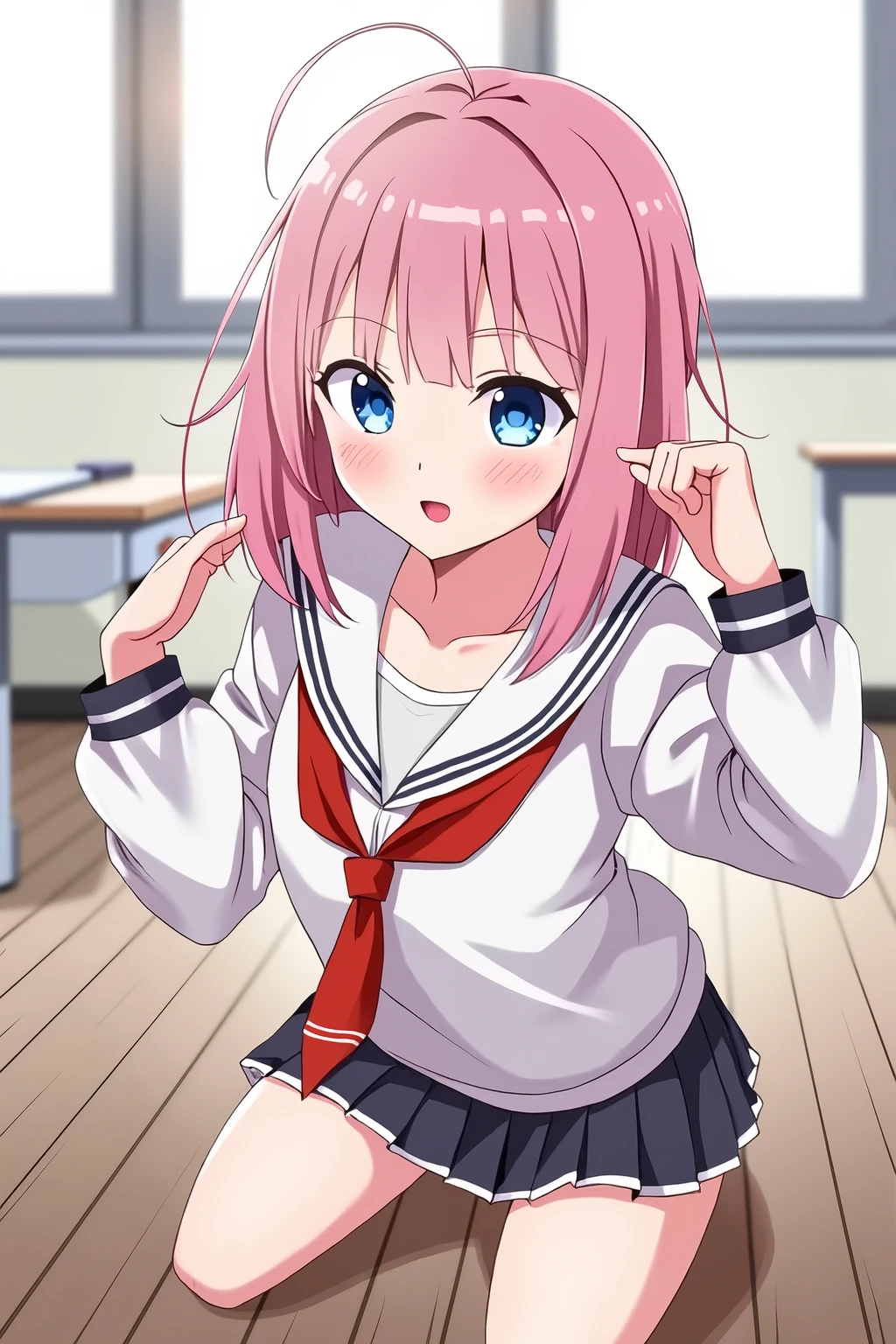 One person, High resolution, chest, Gaze, Blushing, smile, Shortcuts, High resolution, , Pink Hair, Medium Hair, chest, 大きなchest, blue eyes, happiness/joy, Panorama, Anime Style, Giving a blowjob,Knees on the floor,uniform,high school girl,I can see her boobs,Classroom after school,Brush the hair that is hanging down behind one's ears up with one's hand,