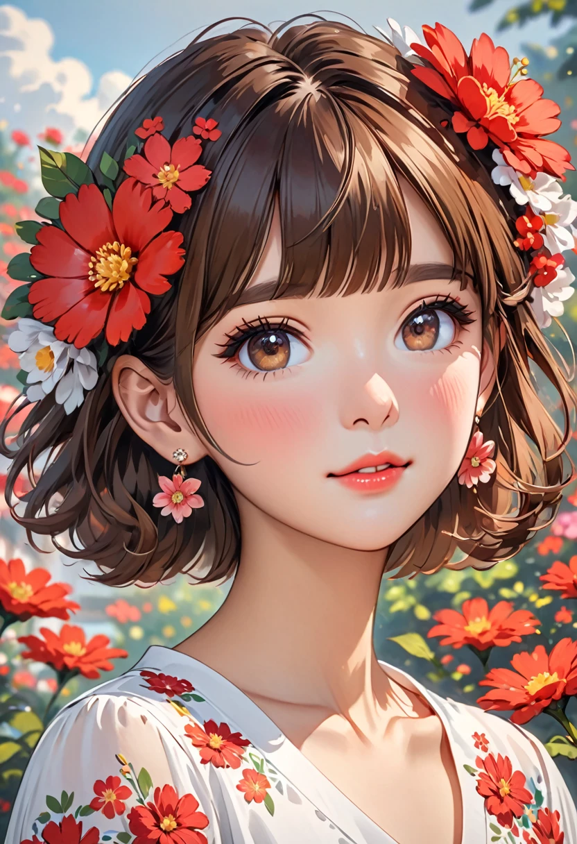 an artist drew a cute cartoon of a cute girl with a flower on her head, 1girl, flower, solo, hair ornament, shirt, looking at viewer, hair flower, white shirt, blush, short sleeves, jewelry, short hair, earrings, brown hair, parted lips, bangs, upper body, red flower, collarbone, blurry