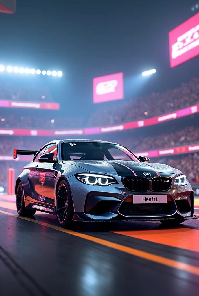 Create a BMW 1 series in a Rocket League arena with a gray, black racing livery
and the license plates say "Henfri"