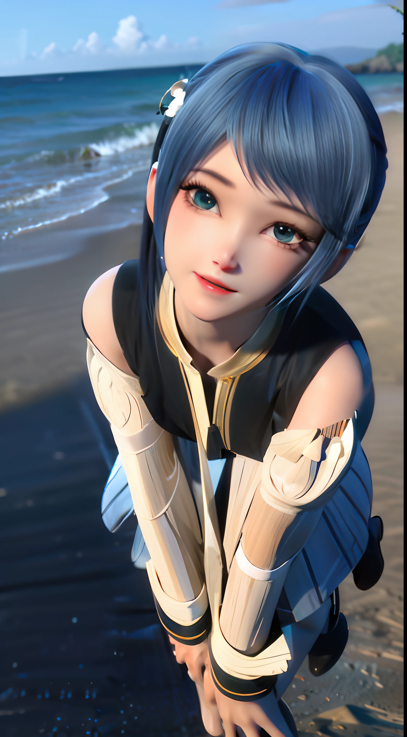 16K Raw,Best quality,Maximum resolution,海边的Beach,Beach,daughter,Standing,Strike a pose,Full body image,Full body image,Exquisite facial features,Waist-Length Deep Blue Hair,Double tail,High Ponytail,分开Double tail,cute,Sprouting, cleavage,Big round eyes,Smart eyes,Summer Clothing,Pleated Skirt,Best lighting,Vivid and bright,Soft Light,The facial features are very clear,Dynamic Angle,Best Angle