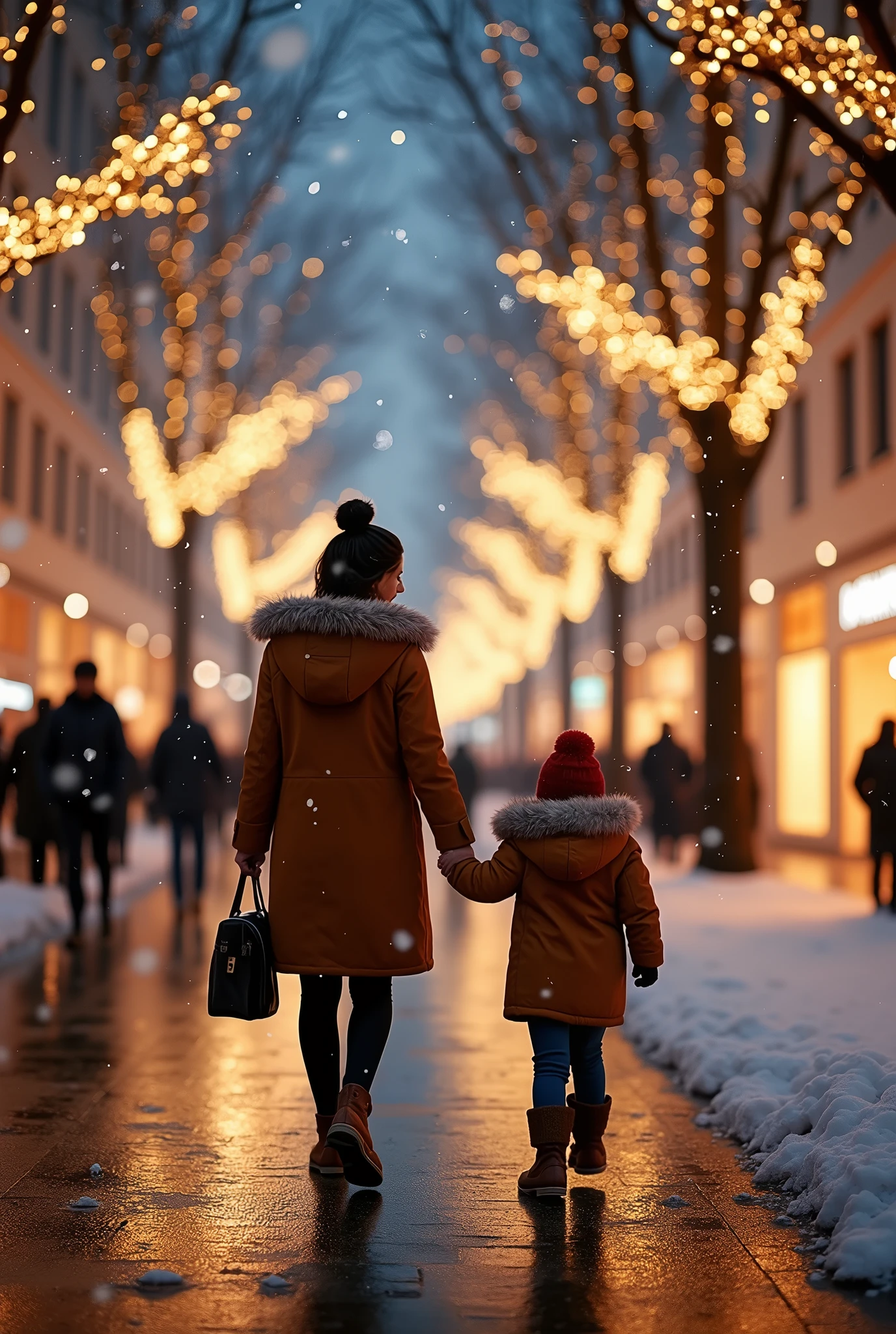 Photorealistic, back view of a mother and child walking hand in hand on the Christmas-colored Ginza Chuo-dori street, the mother is smiling and looking at the child and talking to him, a little snow remains next to the sidewalk, snow is falling on the shiny Ginza street at night, the snow looks various colors when illuminated, warm colors lighting, fashionable iron streetscape lit up, streets lined with luxury boutique stores as bright as daylight.