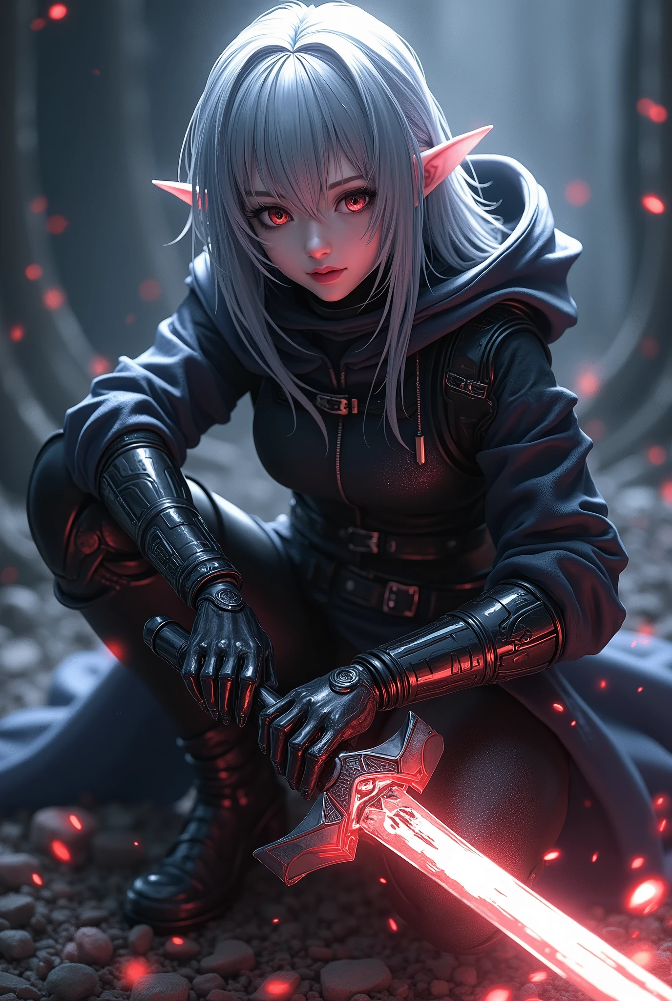 (masterpiece:1.2, Highest quality,High resolution,Super detailed),8k,wallpaper,(Very detailed),(Armored Core Style),1 female,Silver Hair,Random Hairstyles,(Assassination Squad Ninja),(Black Ninja Robot Armor),(Black Costume),(The background is dark:2.0),(Detailed face:1.3),(Detailed body:1.3),((Cowboy Shot)),cyber punk,(dynamic),(Detailed hands:1.6),(A mysteriously glowing dagger:2.0),(Detailed hands),(Preparing for battle,squat:1.3,forward leaning posture:1.6),(Flashy special move effects:2.0), elf ears, cleavage, thigh, short skirt, sexy