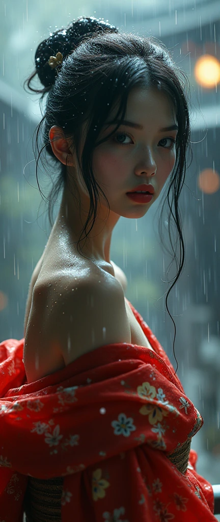 (mysterious:1.3, 32K:1.9, Highest quality, masterpiece, Ultra-high resolution), ((rain, From below)), Perfect dynamic composition:1.2, Very detailedな肌と顔の質感:1.2, Professional camera work:1.1, mysterious肖像画:1.1, Cinematic Light:1.1, Very detailed, (wonderful, tradition, Majestic), rainに濡れたスリムな女神, Incredibly slim body, Fair skin, Sexy beauty, Very beautiful face, Totally captivates you, (Big Dragon:1.0, Japanese Shrine Maiden Costume:1.0), (Shapely breasts, Chest gap), (Big eyes that exude beautiful eroticism, Lips that exude beautiful eroticism), Cowboy Shot, Calm pose, necklace, Earrings, bracelet, wonderful背景