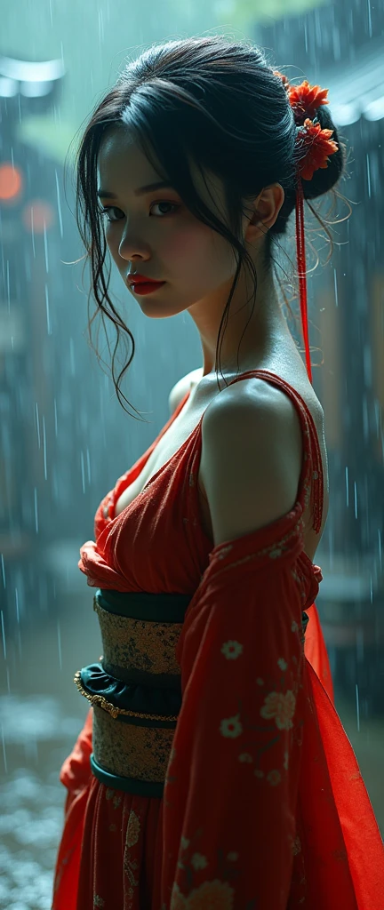 (mysterious:1.3, 32K:1.9, Highest quality, masterpiece, Ultra-high resolution), ((rain, From below)), Perfect dynamic composition:1.2, Very detailedな肌と顔の質感:1.2, Professional camera work:1.1, mysterious肖像画:1.1, Cinematic Light:1.1, Very detailed, (wonderful, tradition, Majestic), rainに濡れたスリムな女神, Incredibly slim body, Fair skin, Sexy beauty, Very beautiful face, Totally captivates you, (Big Dragon:1.0, Japanese Shrine Maiden Costume:1.0), (Shapely breasts, Chest gap), (Big eyes that exude beautiful eroticism, Lips that exude beautiful eroticism), Cowboy Shot, Calm pose, necklace, Earrings, bracelet, wonderful背景