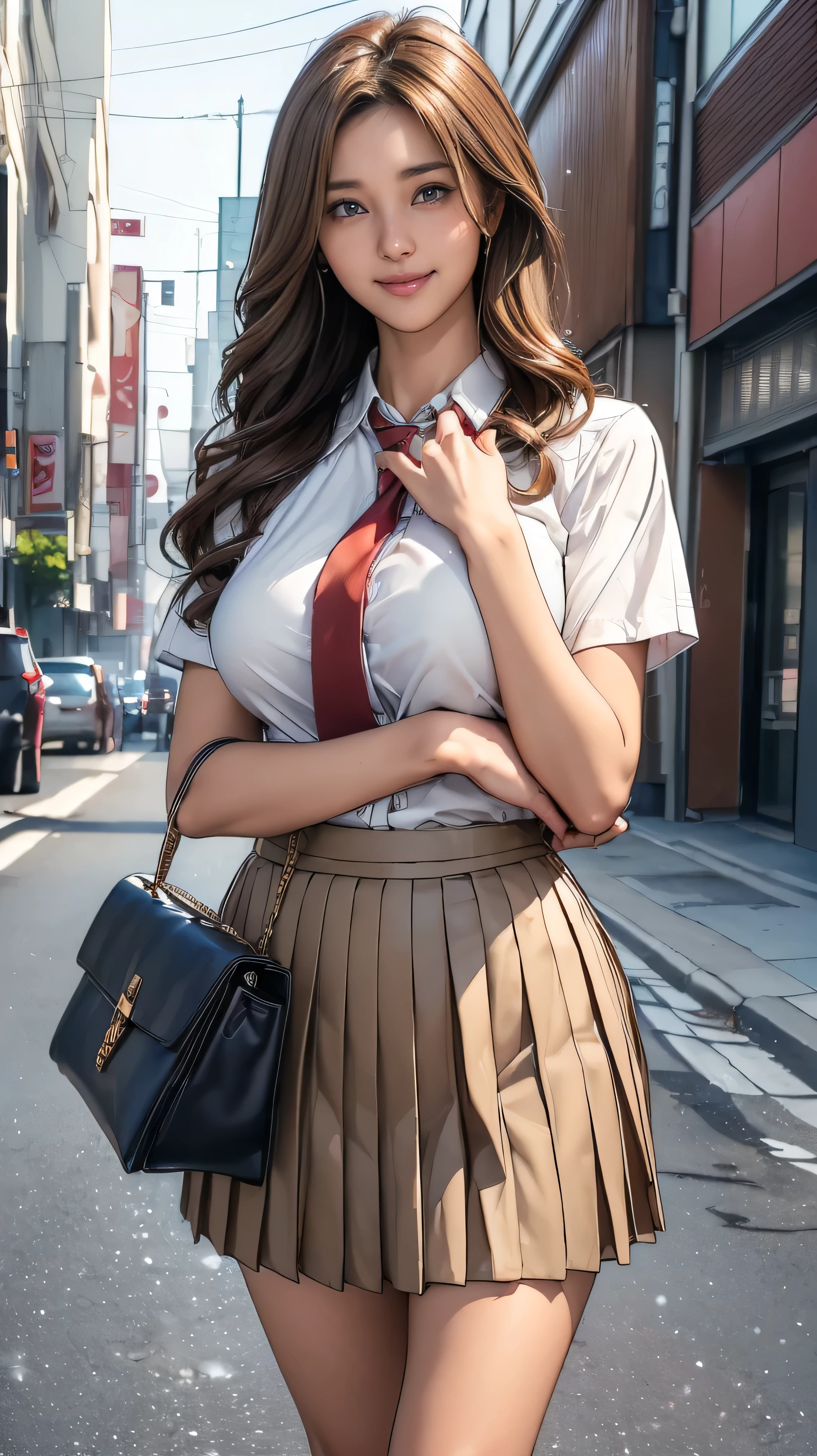 1 giantess standing above the city，Graceful figure，1 girl, from_below,big deal_breast, long_sleeve, outdoor, , shooting, Plaid, Plaid_skirt, strength_Lines, School_, skirt, Sky, alone, underwear, upskirt, Utilities_No, realistic art,(emphasize),Look up at camera,a giantess