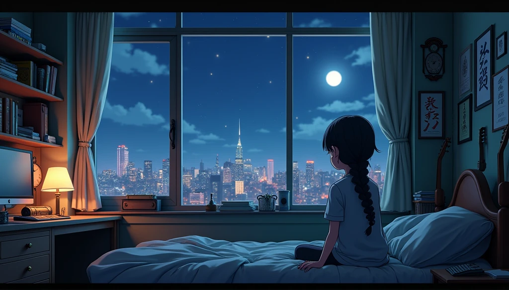 Cinematic 3D animation still cut of a cozy room, large windows overlooking the city at night, Rhua with braided hair, depressed, feeling sad, The bed is unmade, Computer Desk, Cluttered with incompatible furniture, Otaku style posters on the wall and a guitar in the corner,No peeing style, Disney, Steampunk, night