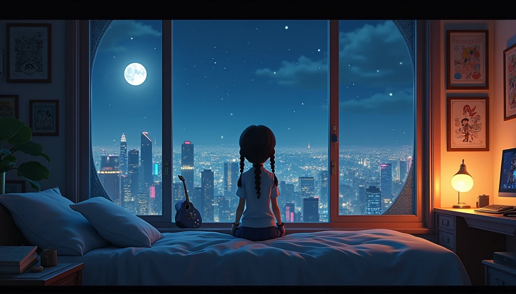 Cinematic 3D animation still cut of a cozy room, large windows overlooking the city at night, Rhua with braided hair, depressed, feeling sad, The bed is unmade, Computer Desk, Cluttered with incompatible furniture, Otaku style posters on the wall and a guitar in the corner,No peeing style, Disney, Steampunk, night