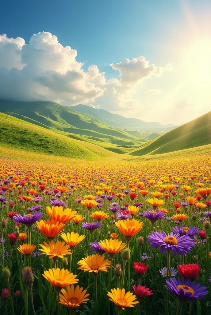 field of wildflowers swaying in the breeze, bathed in warm golden sunlight."**