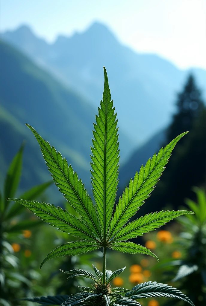 A cannabis leaf with a lot of foliage in the center. In the background Original vegetation from the Swiss Alps with a blue filter without a blurred background. 