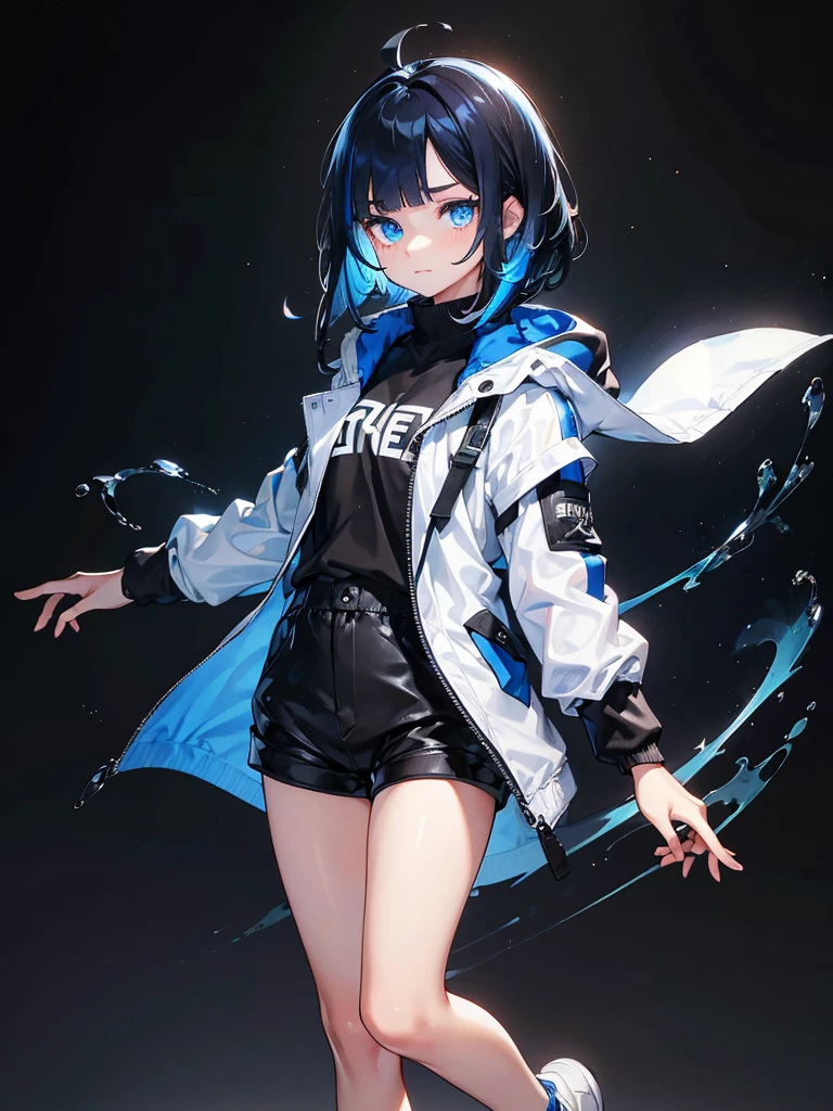 Black background with spotlight, Long eyelashes, Heterochromia iridis,(Blue eyes and rainbow eyes), Young face, White jacket,Medium Hair, I wore shorts、Wear sneakers、Black hair with blue highlights, whole body