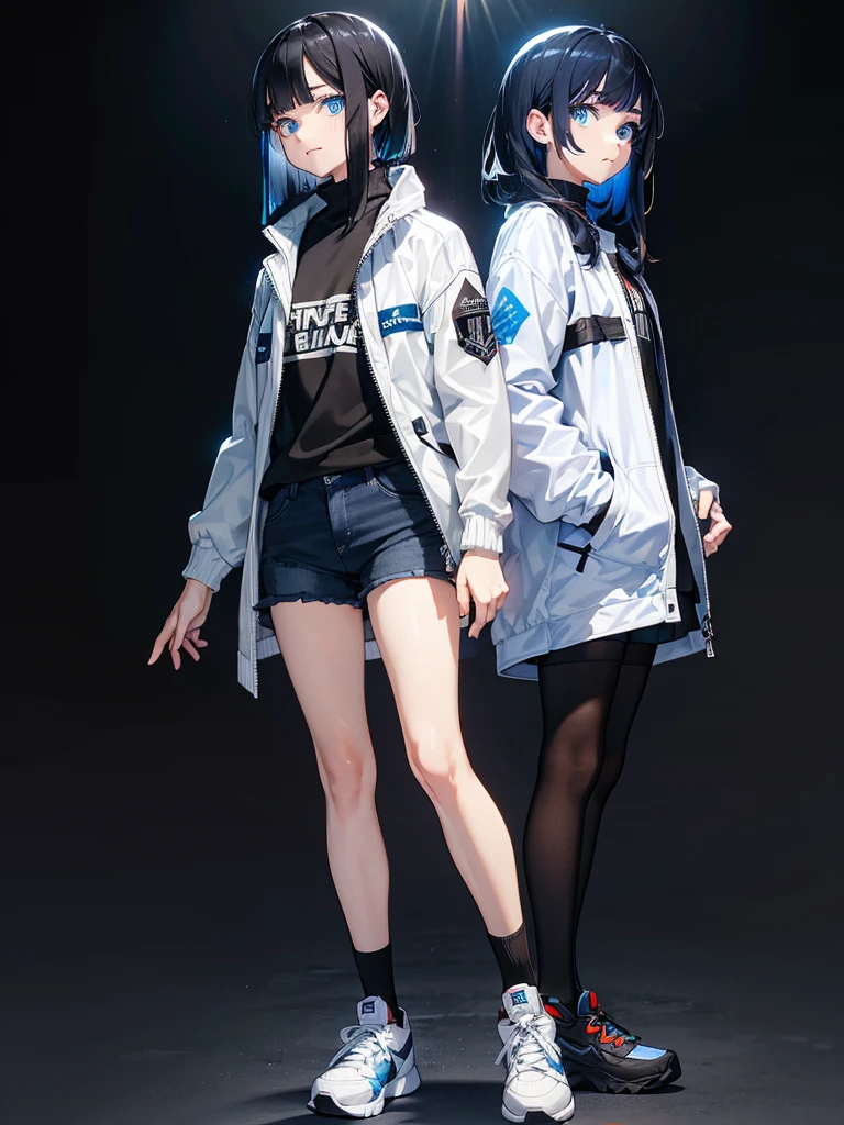 Black background with spotlight, Long eyelashes, Heterochromia iridis,（Blue eyes and rainbow eyes）, Young face, White jacket,Medium Hair, I wore shorts、Wear sneakers、Black hair with blue highlights, whole body