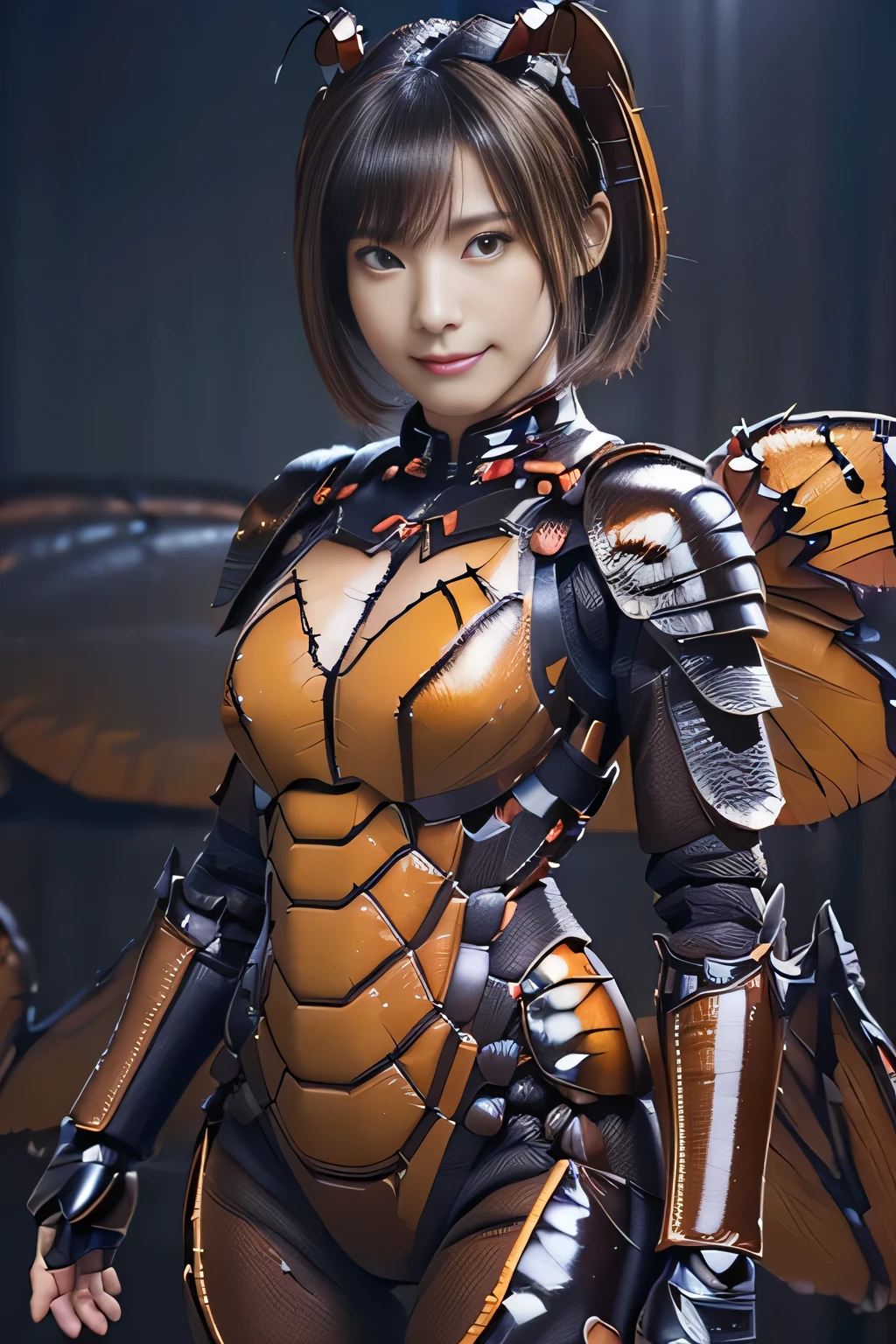 (high resolution,masterpiece,best quality,extremely detailed CG, anime, official art:1.4), realistic, photo, amazing fine details, all intricate, gloss and shiny,awesome many layers, 8k wall paper, 3d, sketch, kawaii, illustration,( solo:1.4), perfect female proportion,villainess, (fusion of dark brown cockroach and lady:1.4), (brown cockroach form lady:1.2), (brown cockroach lady:1.2), (fusion:1.2), (solo:1.4), (evil smile:1.2), muscular, abs, (cockroach brown exoskeleton bio insect suit:1.4), (cockroach brown exoskeleton bio insect armor:1.2), (brown transparency cockroach wing:1.4), (brown cockroach antennae:1.3),