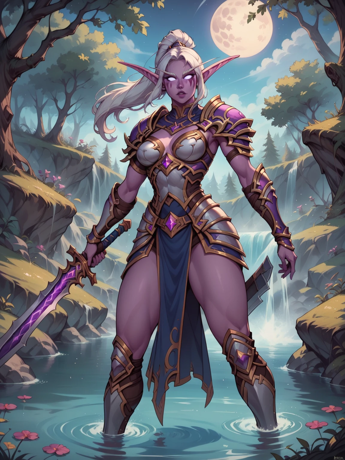 night elf, girl, tall, white hair, ponytail, purple skin, plate armor, greaves of steel, wielding bow, medium breasts, fit legs, standing in the water, dynamic pose, elbows up, dark forest, night, fog fantasy, moon light, warcraft, best quality